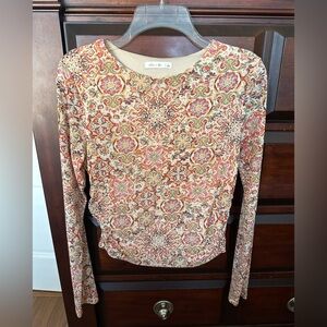 Multicolor Print Long Sleeve Sheer Mesh Top Size Large Boho Hippie Chic Comfy